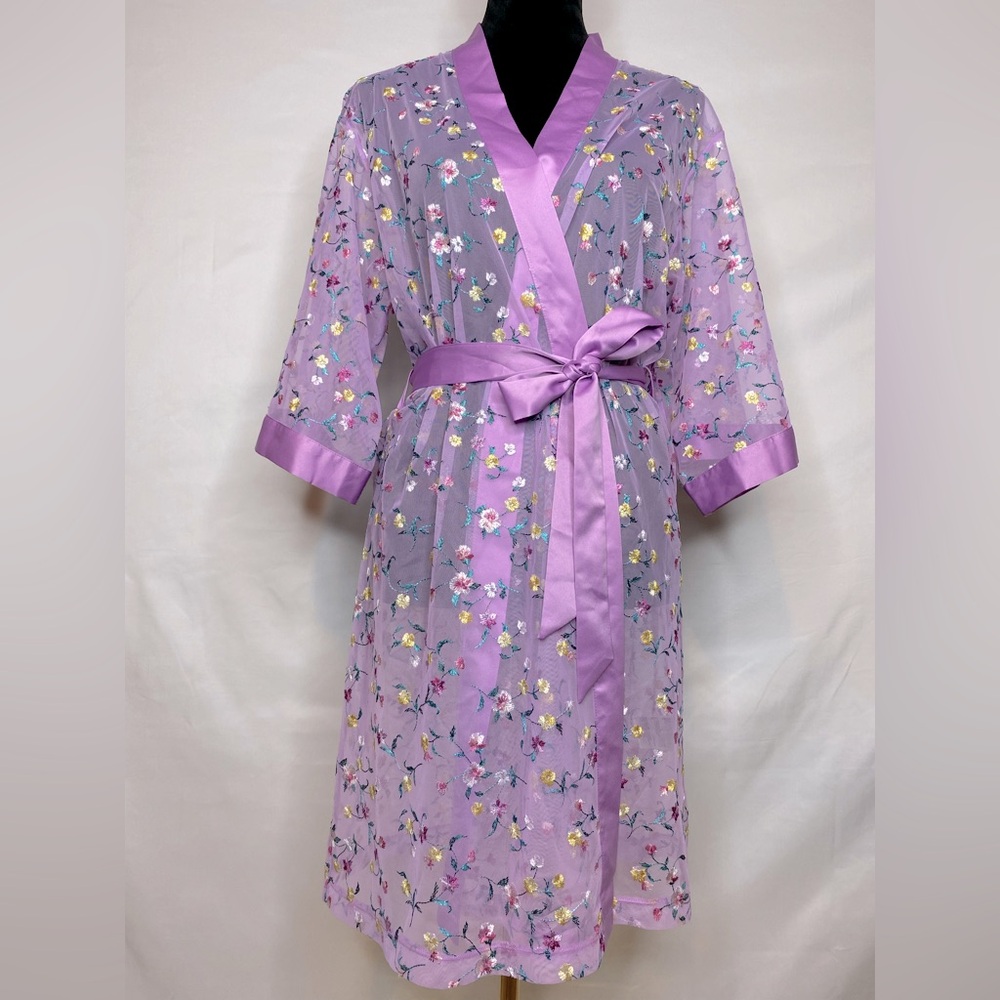 NWT I.N.C. Purple Floral Embroidery Satin Trim Sheer Kimono Robe